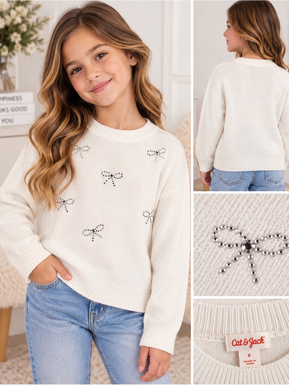 Cat & Jack Girls' Cream Sweater with Beaded Bow Accents size 8